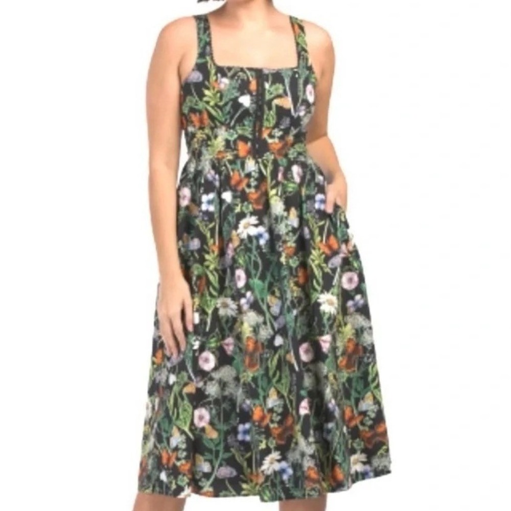 Avec Les Filles Green Floral Smocked Cotton Blend Midi Dress Womens Sz 6 Summer